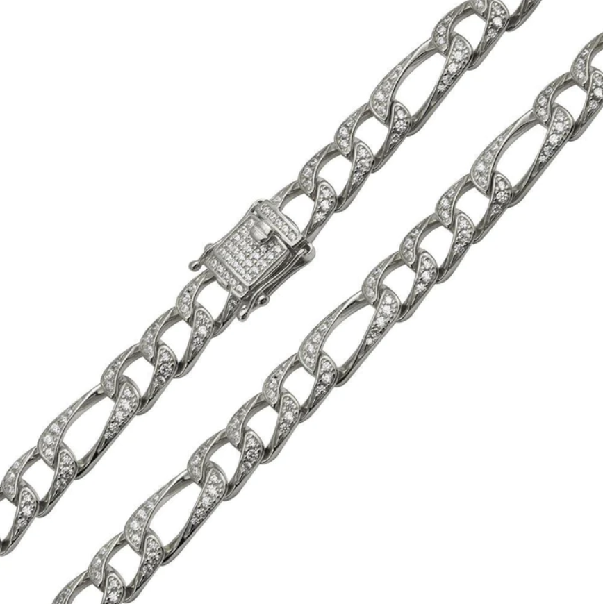 Iced Out Silver Figaro Chain - 8.2mm