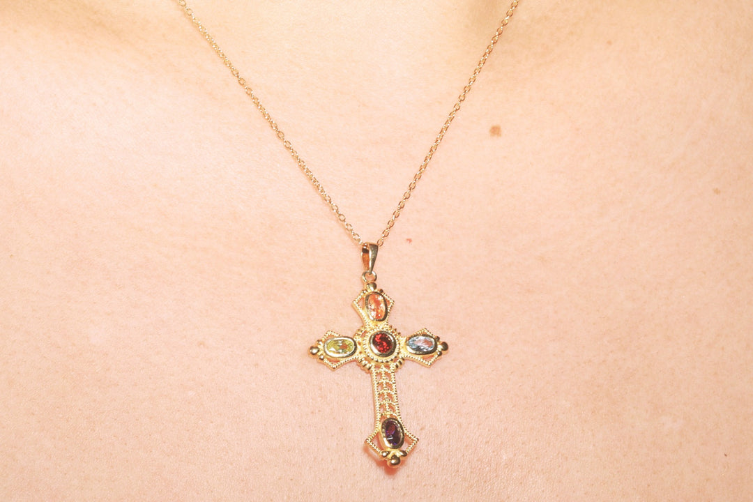 Multi Color Gemstone Cross Necklace