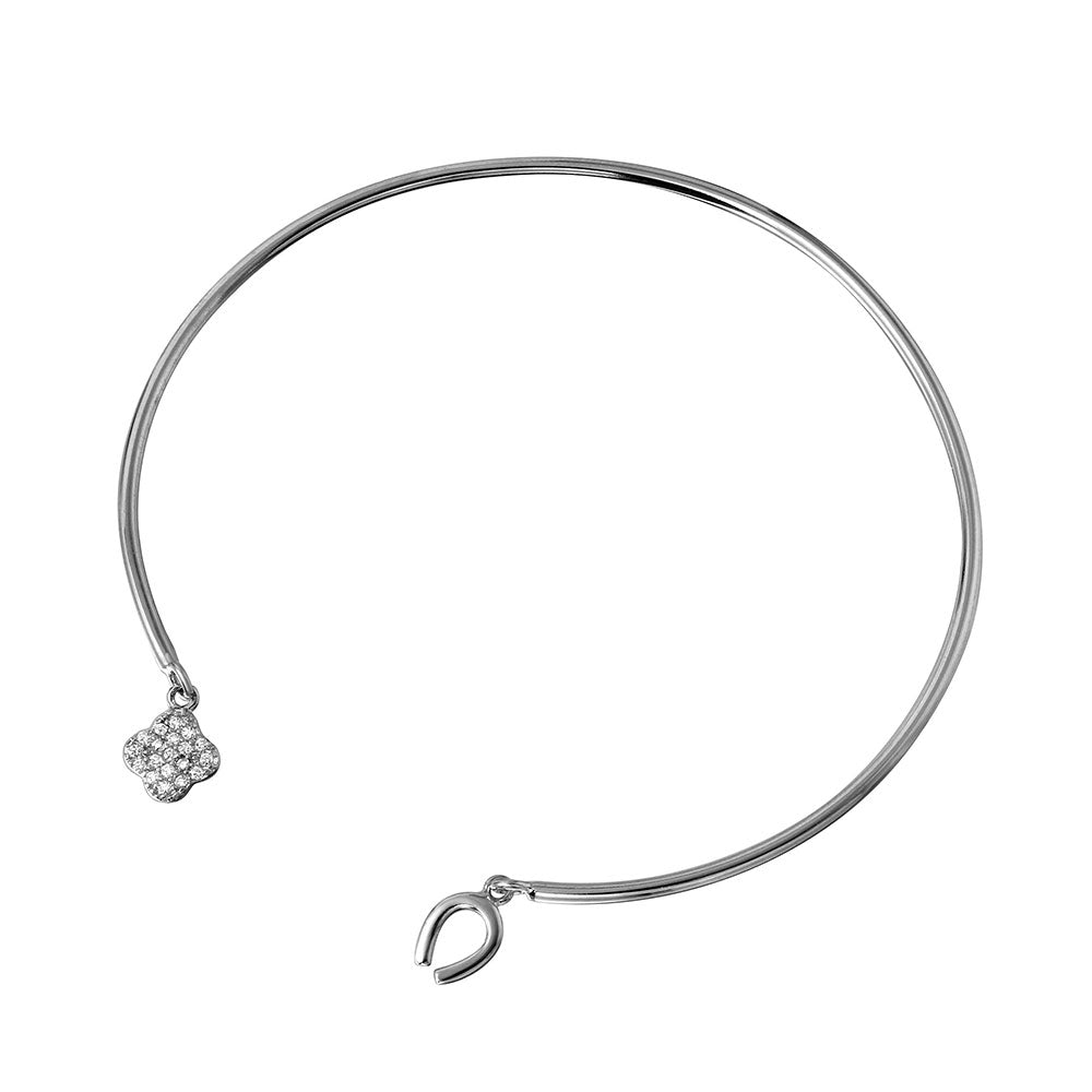 Sterling Silver Rhodium Plated Open Bangle with Hanging Sustainable Gemstone Clover and Horse Shoe