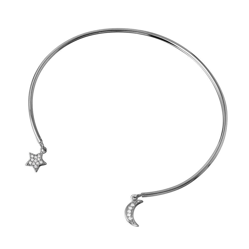 Sterling Silver Rhodium Plated Open Bangle with Hanging Sustainable Gemstone Star and Crescent